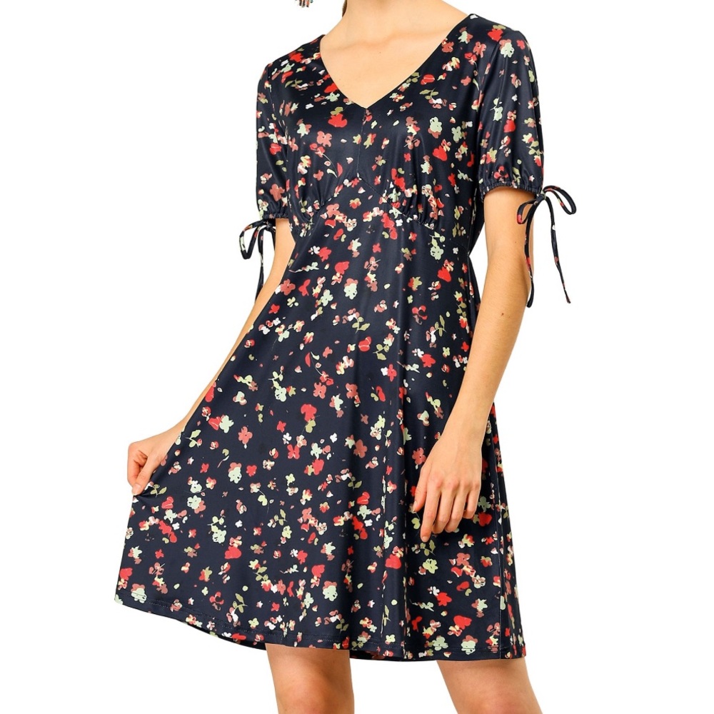 Floral V Neck Short Sleeve Tie A-Line Dress XL
